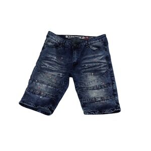 Reset Platinum Shorts Mens 34 Blue Whiskering Denim Cotton Paint Splatter Effect